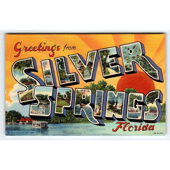 Greetings From Silver Springs Florida Large Letter Linen Postcard Curt Teich - Picture 1 of 2
